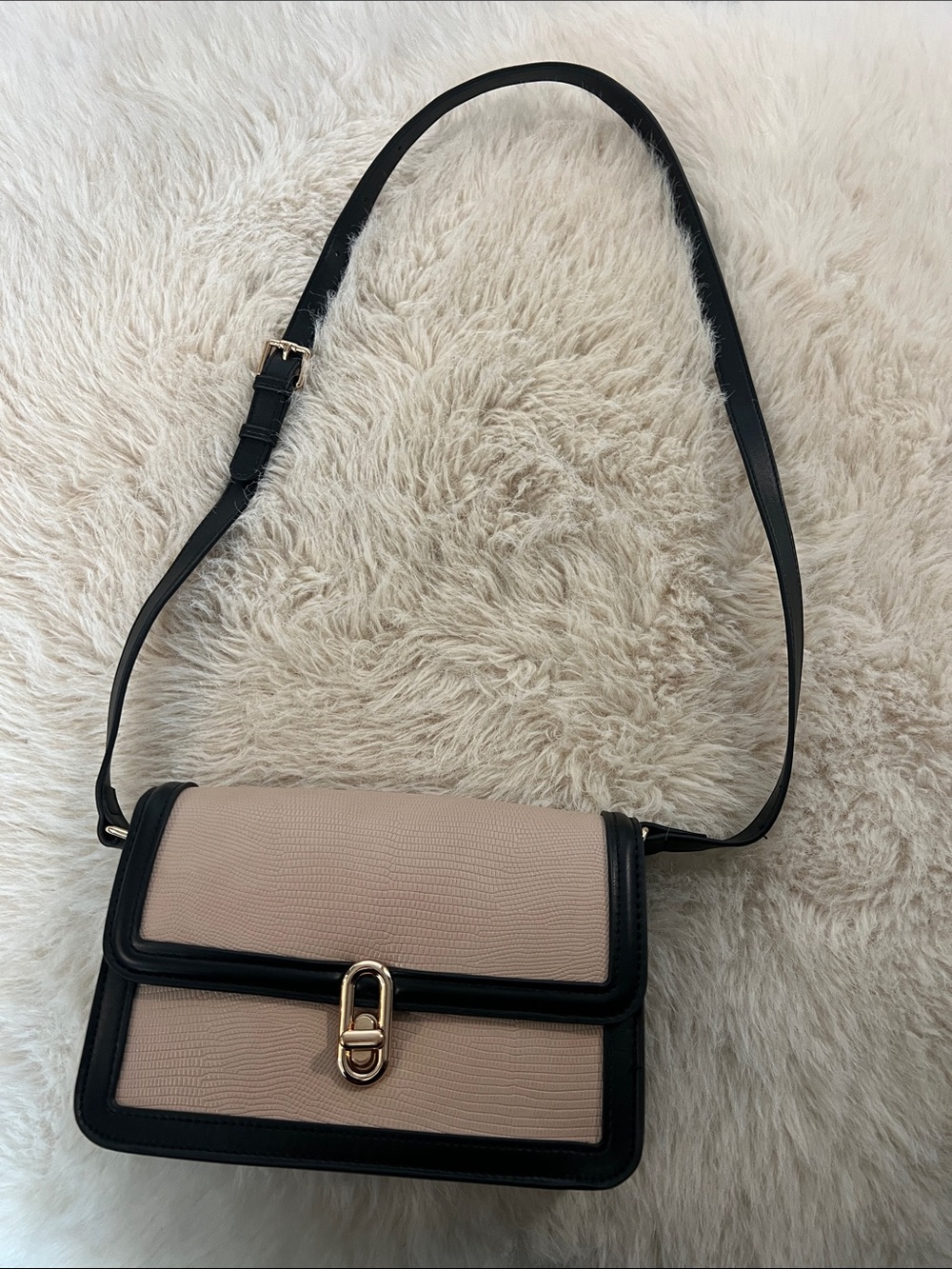 Beige and Black Textured Crossbody Bag with Gold Clasp